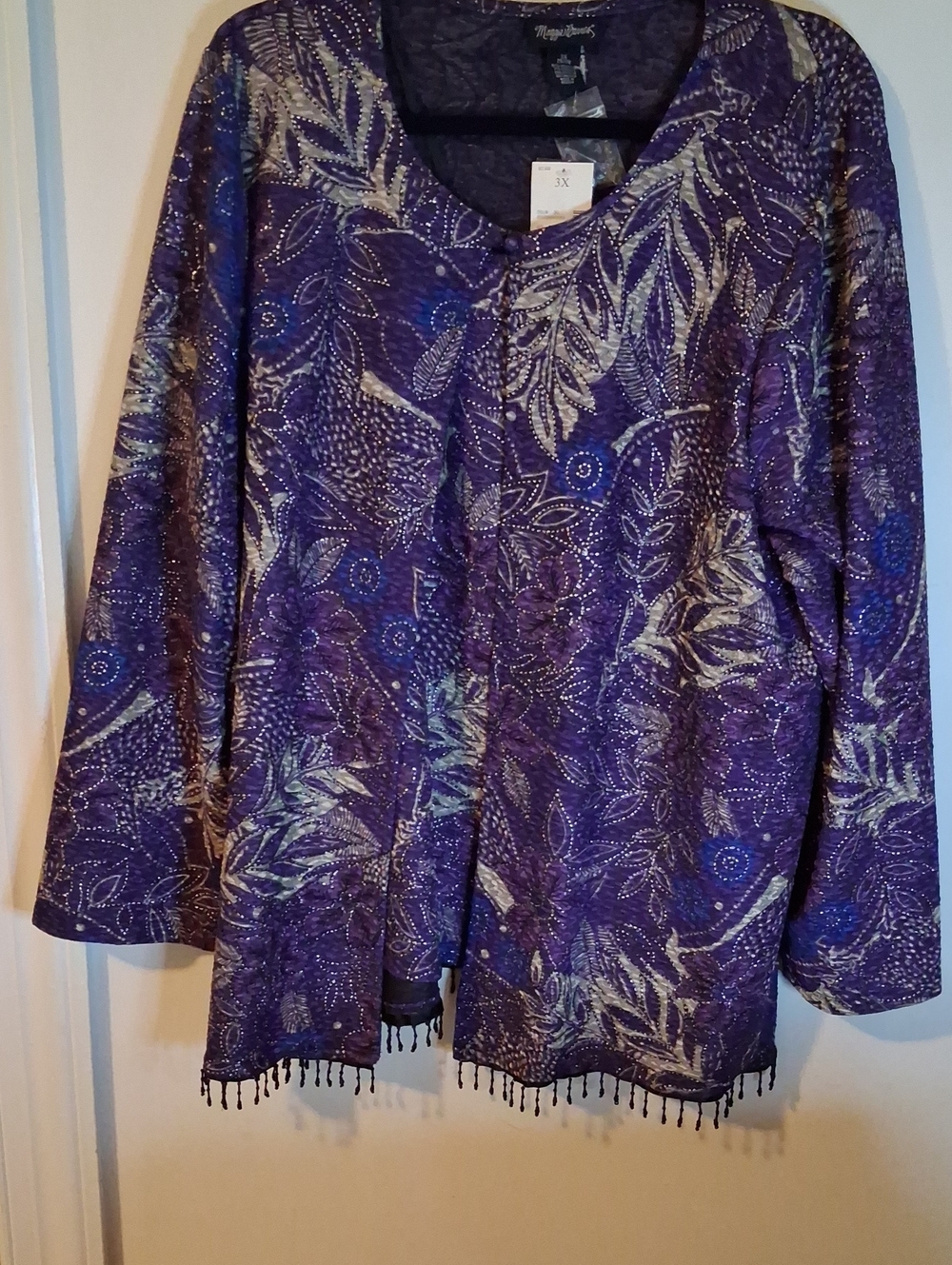 Maggie Barnes Purple Metallic Leaf Beaded V-Neck Tunic/Tank Top